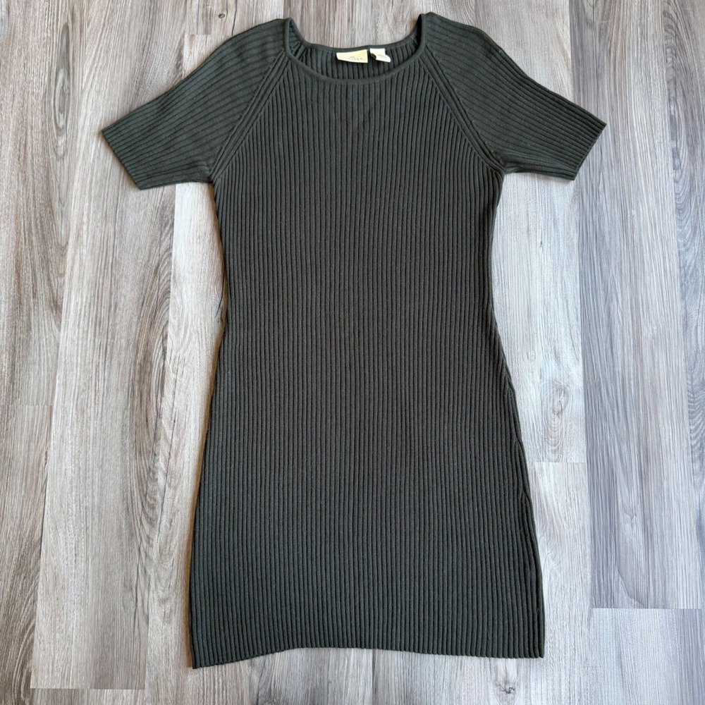 VTG Limited America Merino Wool Ribbed‎ Sweater Dress Olive Green Short Sleeve L